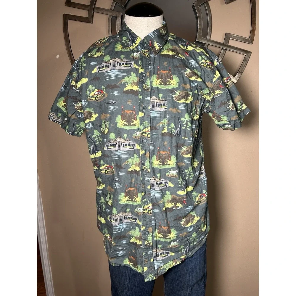 Jurassic World Youth Sz S 100% Cotton Jurassic Park Hawaiian Button Up‎ Shirt
